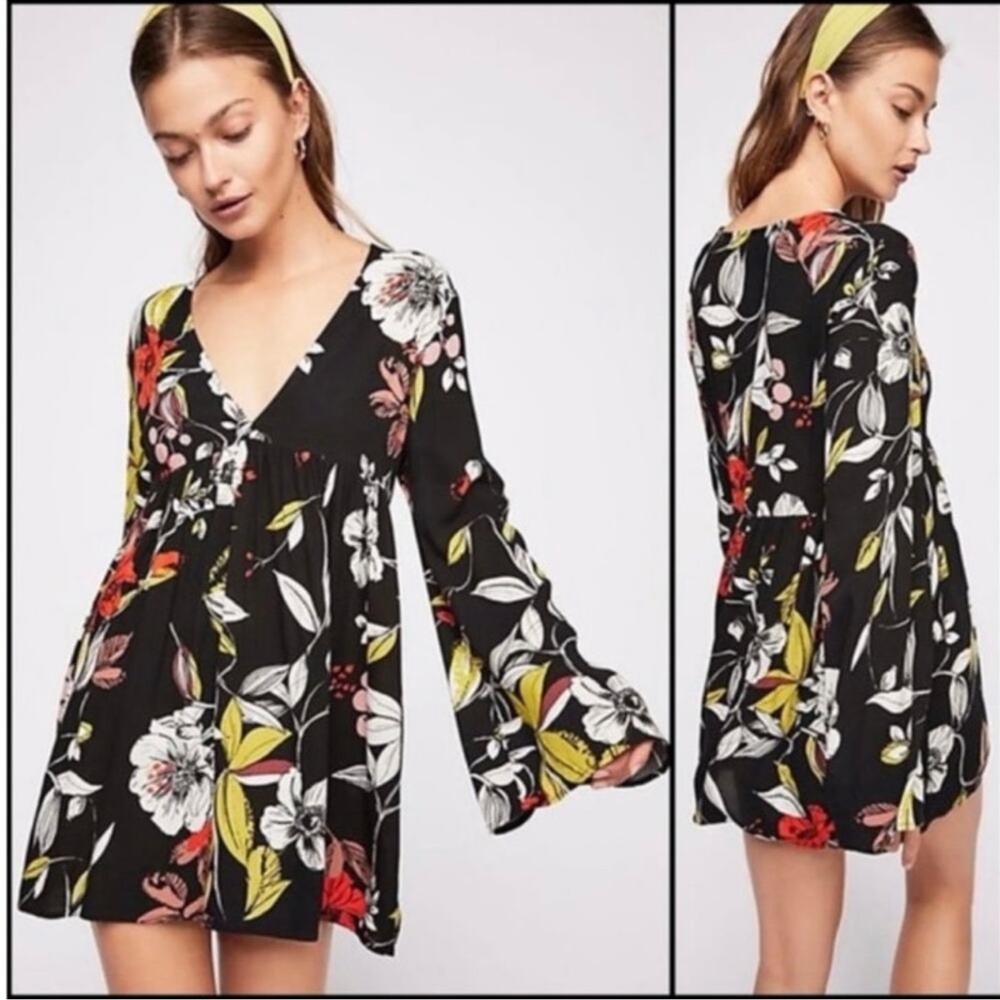 Free people Bella xs Boho blouse mini dress bell long sleeves v neck black flora